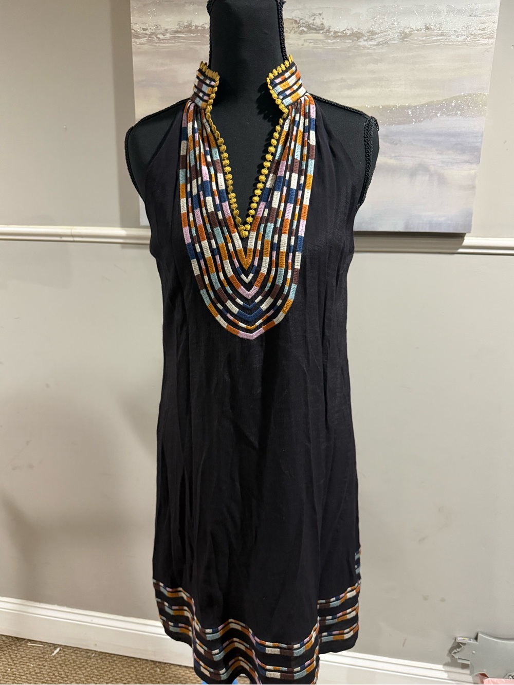 THML Black Sleeveless dress with Multicolor Beaded-like V-Neck